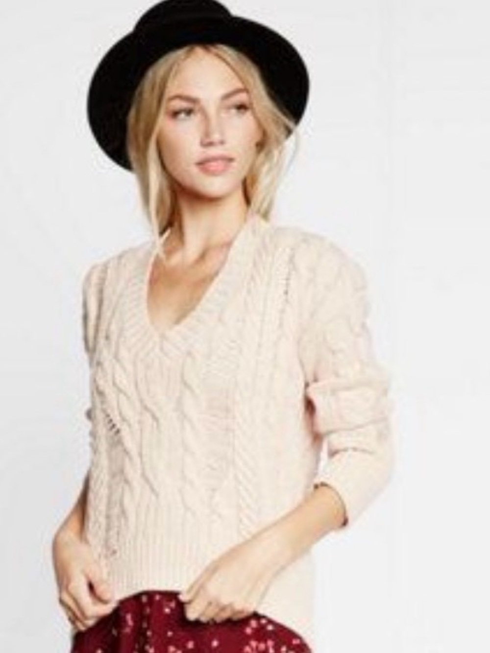 Distressed Express Cream Cable-Knit V-Neck Sweater